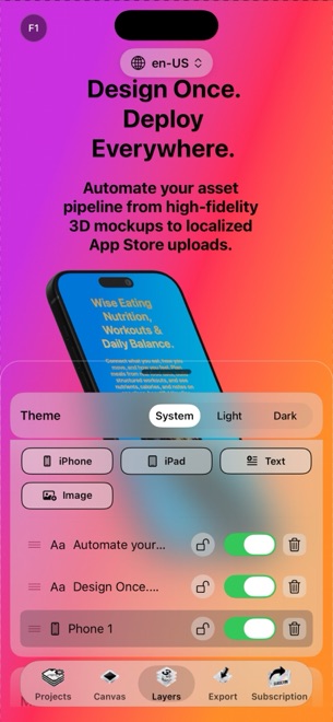 StoreFront Studio on an iPhone: a screenshot placed on a 3D device model with a gradient headline above it.